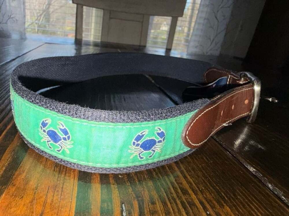 Vineyard Vines Crab Ribbon Canvas Leather Belt Size 30 Green Blue Made in USA